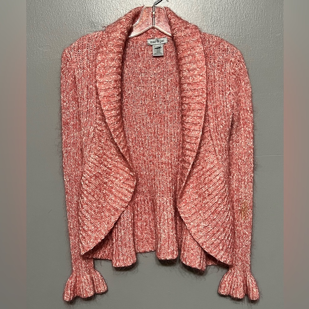 Mac & Jac Pink Marled Knit Cardigan Sweater Ruffle Hem & Bell Sleeve Cuffs S